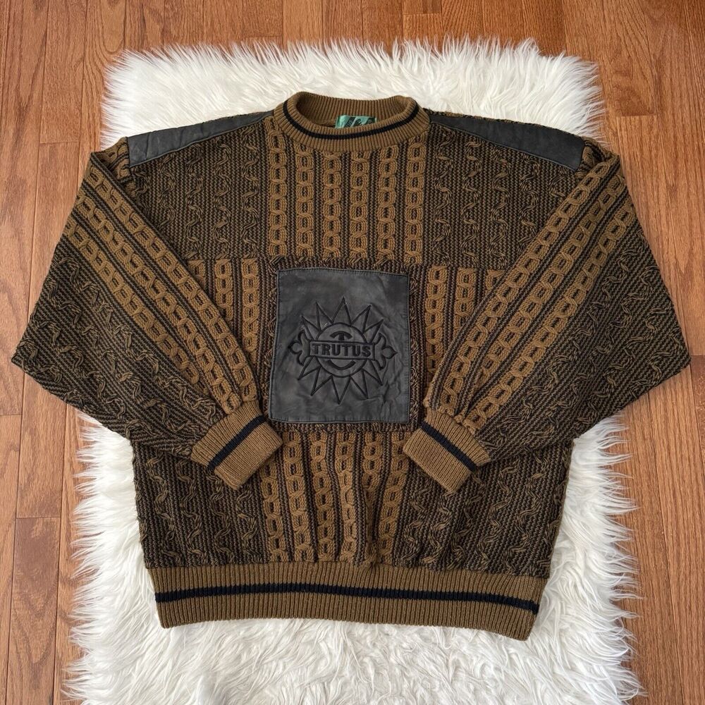 TRUTUS BIANCARRA Men’s XL Leather Cableknit Fisherman Sweater Vintage 80s 90s 3D